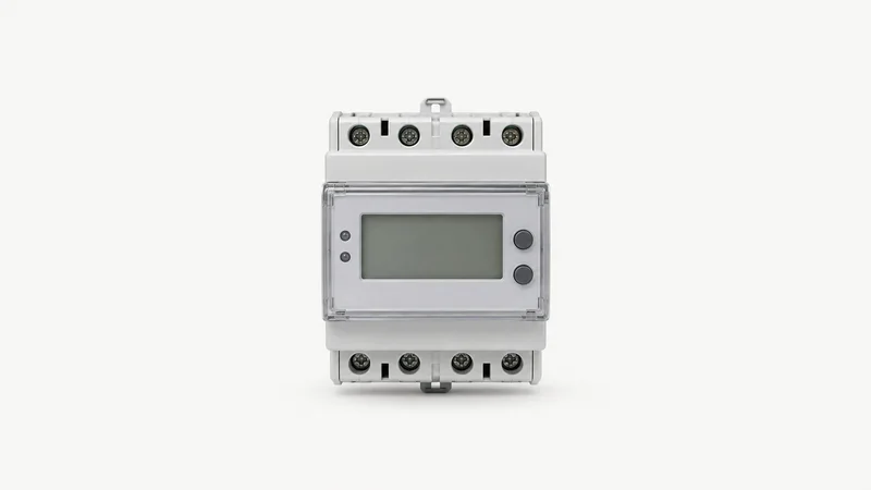 Isolated a bidirectional energy meter with a blank display centred on a seamless pale off-white studio background, generous empty margin on every side for overlaid branding