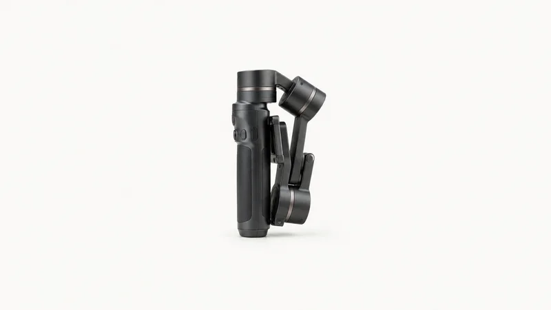 Isolated a handheld gimbal stabiliser folded for transport centred on a seamless pale off-white studio background, generous empty margin on every side for overlaid branding