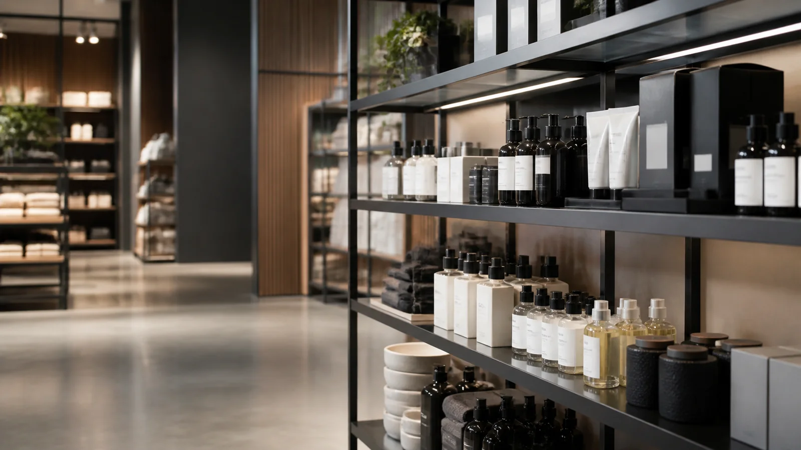 Close, clean detail of the neatly arranged product display, soft even indoor light, no people in frame