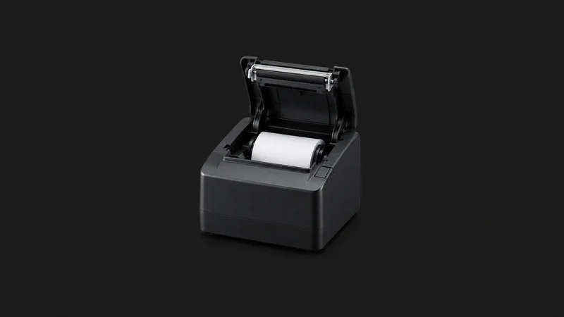 Isolated a desktop receipt printer with the cover open centred on a seamless deep charcoal near-black studio background, generous empty margin on every side for overlaid branding