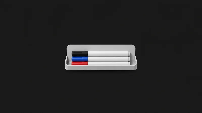 Isolated a magnetic whiteboard pen tray with three markers centred on a seamless deep charcoal near-black studio background, generous empty margin on every side for overlaid branding