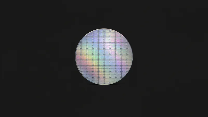Isolated a silicon wafer disc with a mirrored surface centred on a seamless deep charcoal near-black studio background, generous empty margin on every side for overlaid branding