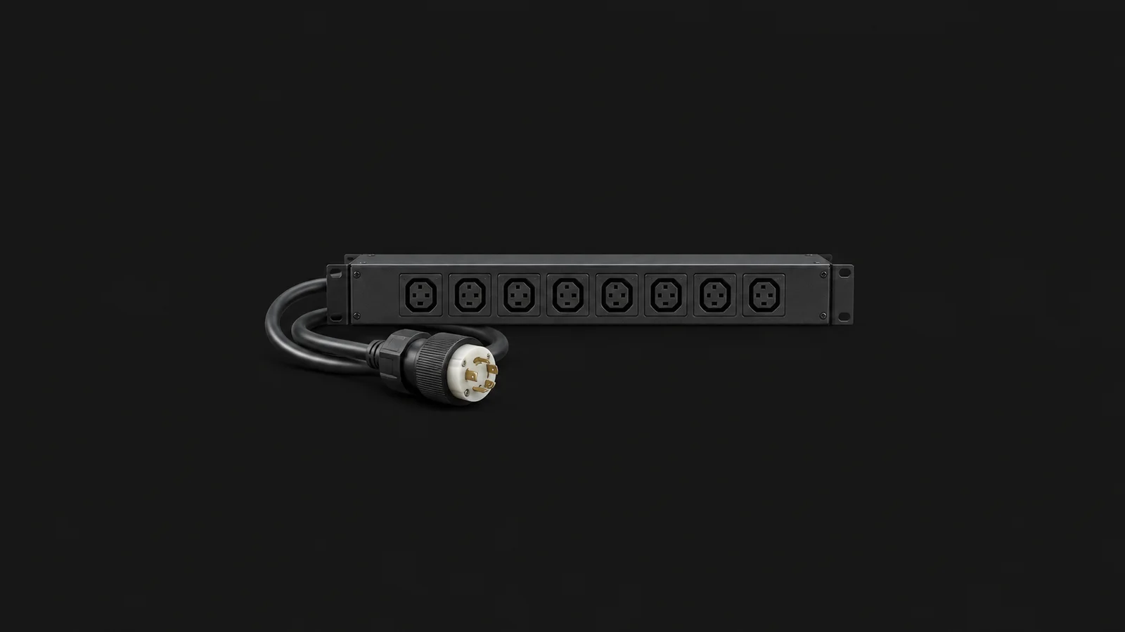 Isolated a power distribution strip with a locking plug centred on a seamless deep charcoal near-black studio background, generous empty margin on every side for overlaid branding
