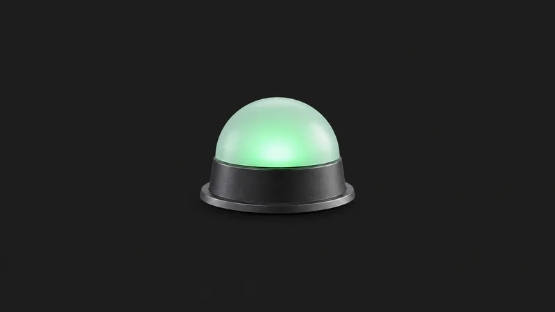 Isolated a desk-mounted room-occupancy indicator light in a small dome housing centred on a seamless deep charcoal near-black studio background, generous empty margin on every side for overlaid branding