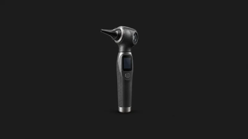 Isolated a handheld connected otoscope with a small screen on its grip centred on a seamless deep charcoal near-black studio background, generous empty margin on every side for overlaid branding