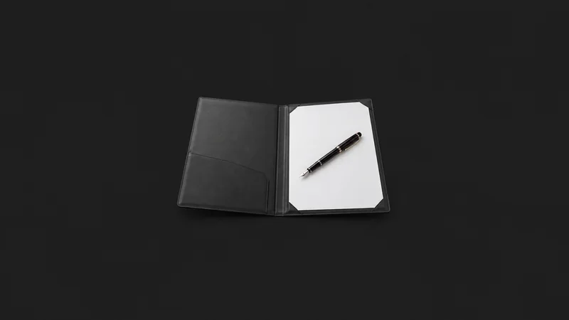 Isolated a fountain pen resting on a blank sheet inside a signing folder centred on a seamless deep charcoal near-black studio background, generous empty margin on every side for overlaid branding