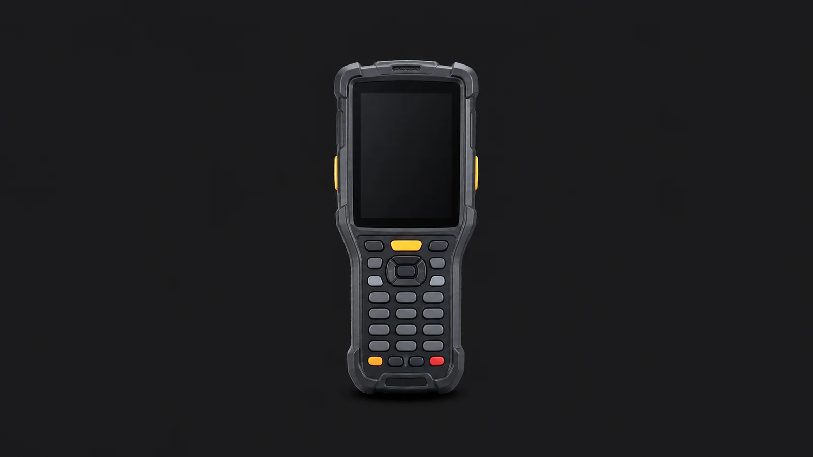 Isolated a rugged mobile computer with a physical keypad and blank screen centred on a seamless deep charcoal near-black studio background, generous empty margin on every side for overlaid branding