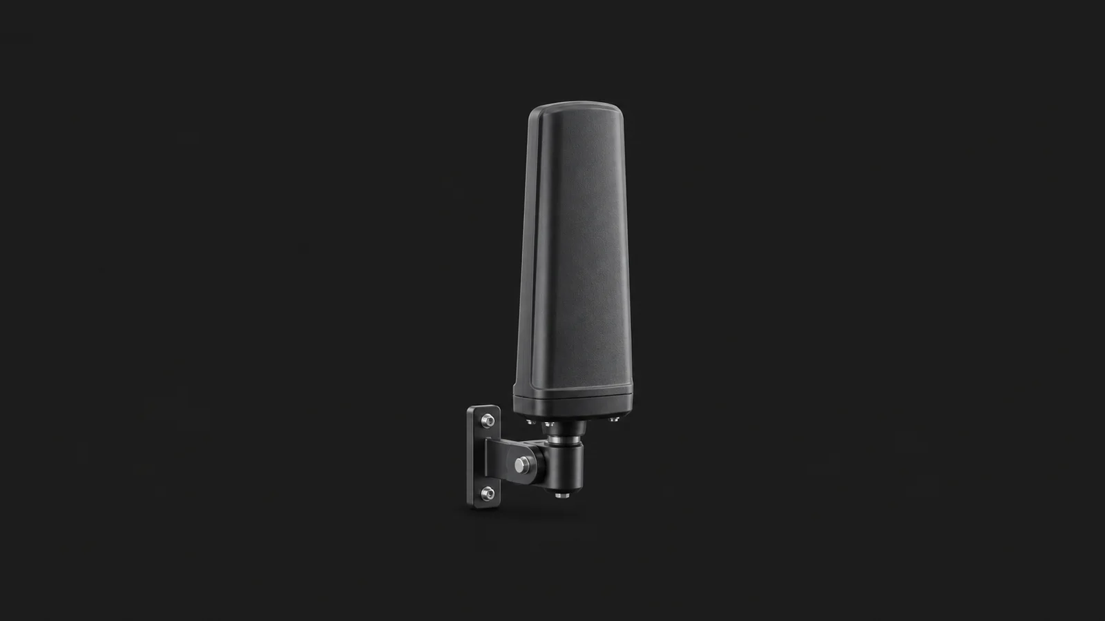 Isolated a weatherproof outdoor antenna on a short mounting bracket centred on a seamless deep charcoal near-black studio background, generous empty margin on every side for overlaid branding