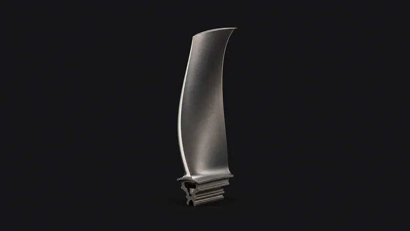 Isolated a hollow titanium fan blade with a swept leading edge centred on a seamless deep charcoal near-black studio background, generous empty margin on every side for overlaid branding