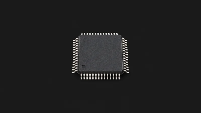Isolated a surface-mount microcontroller chip with fine-pitch leads centred on a seamless deep charcoal near-black studio background, generous empty margin on every side for overlaid branding