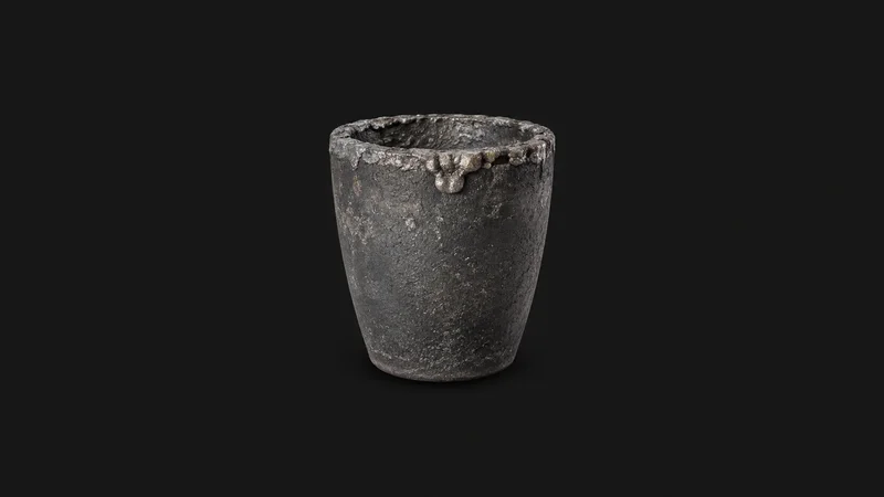 Isolated a graphite crucible with a metal crust centred on a seamless deep charcoal near-black studio background, generous empty margin on every side for overlaid branding