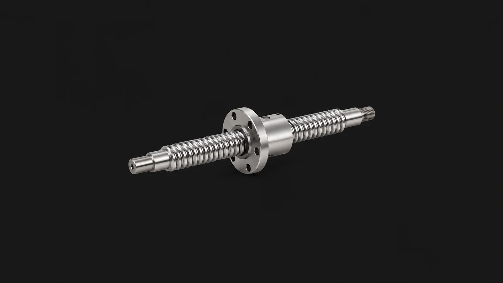 Isolated a machine-tool ballscrew with a flanged nut centred on a seamless deep charcoal near-black studio background, generous empty margin on every side for overlaid branding