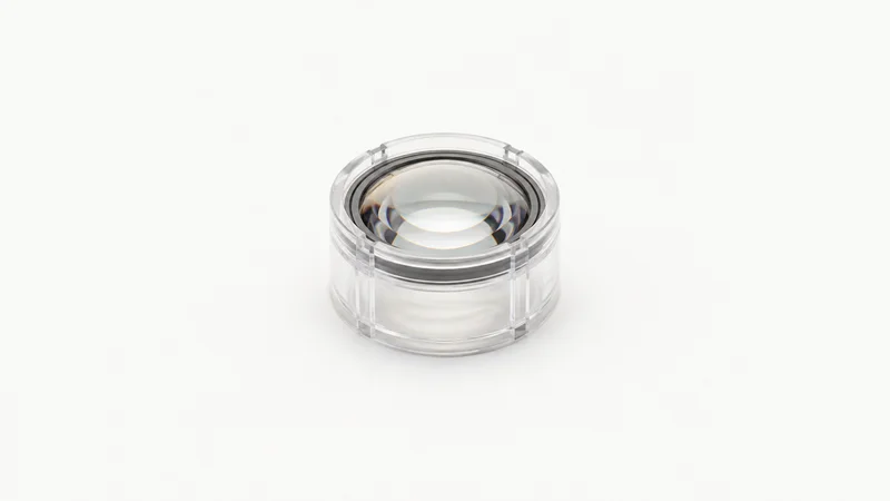 Isolated a cylindrical lens in a clear protective holder centred on a seamless pale off-white studio background, generous empty margin on every side for overlaid branding