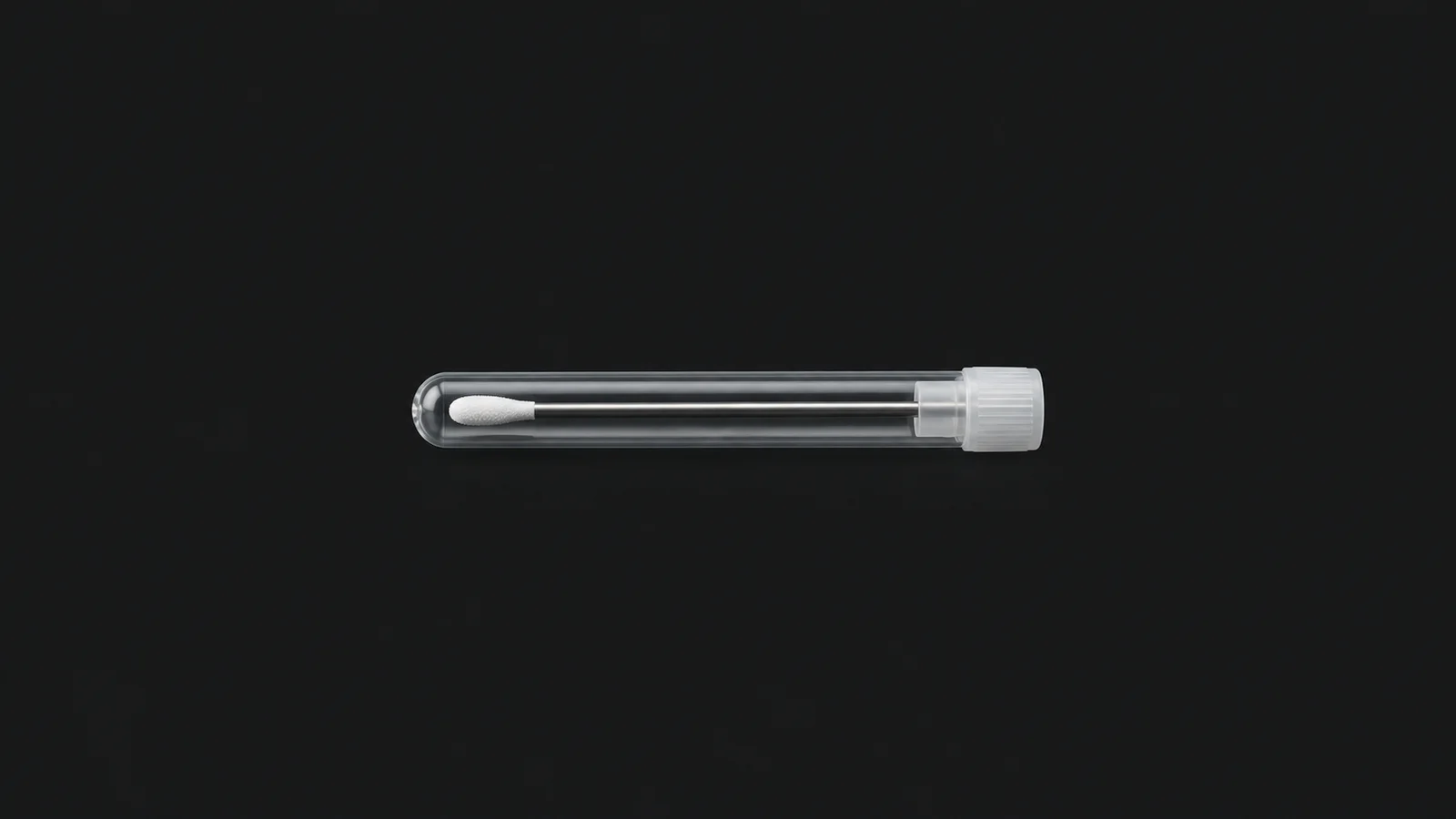 Isolated a stainless hygiene swab in a sealed transport tube centred on a seamless deep charcoal near-black studio background, generous empty margin on every side for overlaid branding