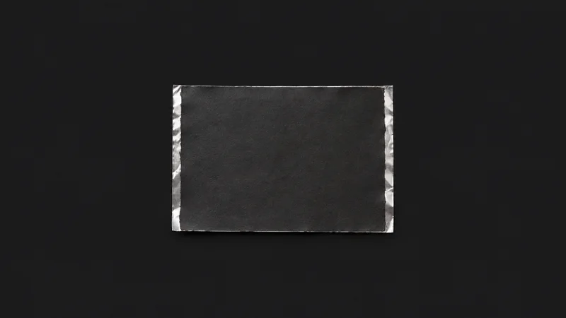 Isolated a sheet of black cathode coating on aluminium foil centred on a seamless deep charcoal near-black studio background, generous empty margin on every side for overlaid branding