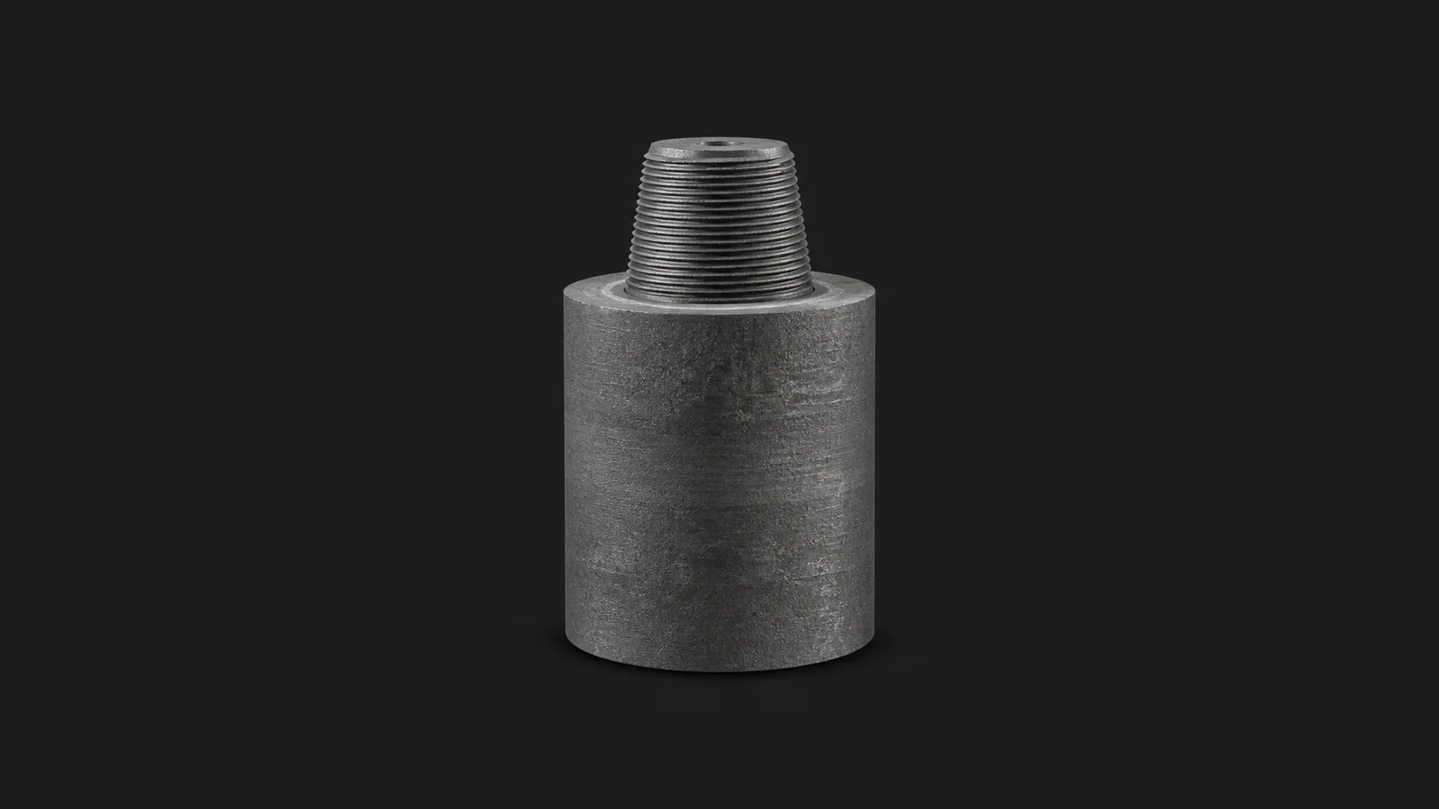 Isolated a graphite electrode segment with a threaded nipple centred on a seamless deep charcoal near-black studio background, generous empty margin on every side for overlaid branding