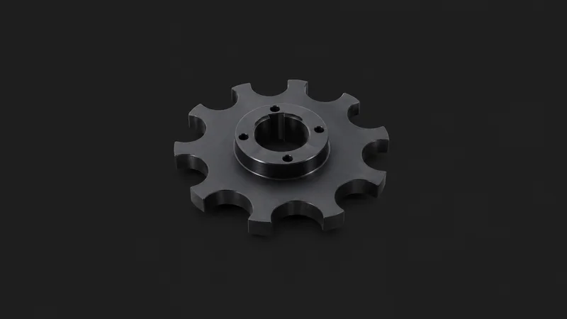 Isolated a machined delrin star wheel for bottles centred on a seamless deep charcoal near-black studio background, generous empty margin on every side for overlaid branding