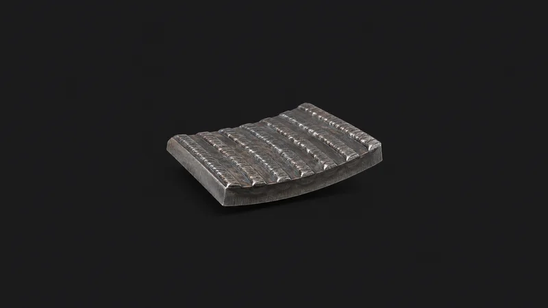 Isolated a section of steel wear liner with hardfacing beads centred on a seamless deep charcoal near-black studio background, generous empty margin on every side for overlaid branding