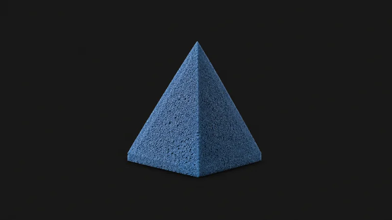 Isolated a blue radar-absorbing foam pyramid centred on a seamless deep charcoal near-black studio background, generous empty margin on every side for overlaid branding