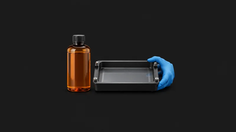 Isolated a bottle of amber photopolymer resin beside a nitrile-gloved empty vat centred on a seamless deep charcoal near-black studio background, generous empty margin on every side for overlaid branding
