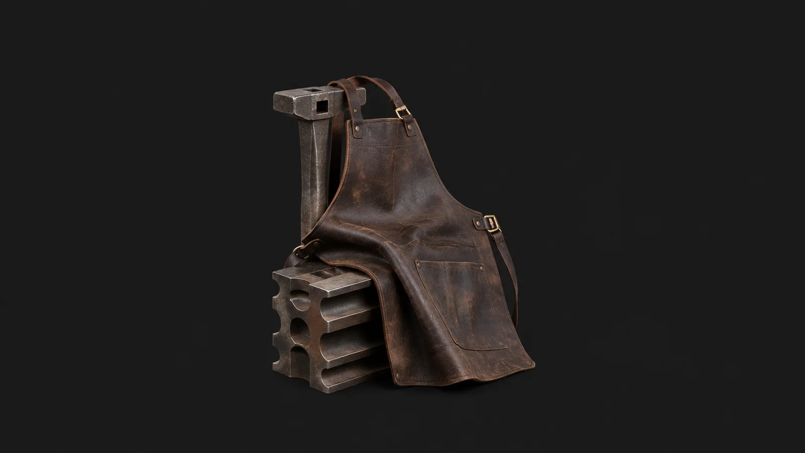 Isolated a leather blacksmith apron folded over a hardy tool and a swage block centred on a seamless deep charcoal near-black studio background, generous empty margin on every side for overlaid branding