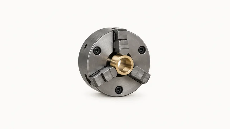 Isolated a three-jaw lathe chuck holding a turned brass bushing centred on a seamless pale off-white studio background, generous empty margin on every side for overlaid branding
