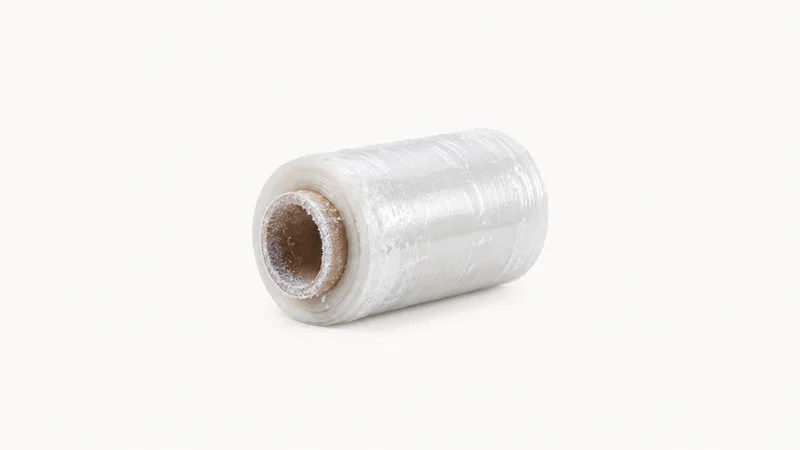Isolated a frozen pallet-wrap roll with a rime of ice on its cardboard core centred on a seamless pale off-white studio background, generous empty margin on every side for overlaid branding