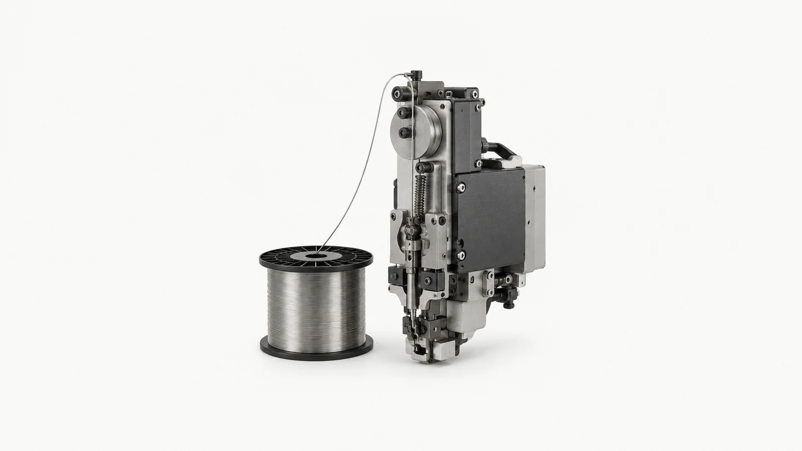 Isolated a spool of saddle-stitch wire beside a stitching head centred on a seamless pale off-white studio background, generous empty margin on every side for overlaid branding