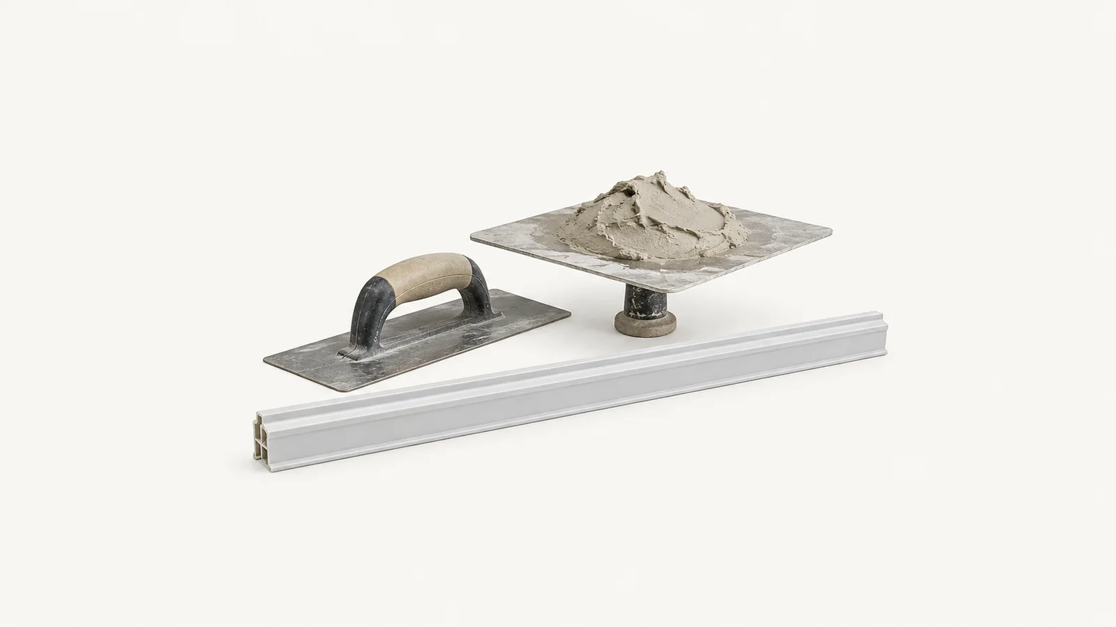 Isolated a plastic screed rail beside a float and a hawk of wet plaster centred on a seamless pale off-white studio background, generous empty margin on every side for overlaid branding