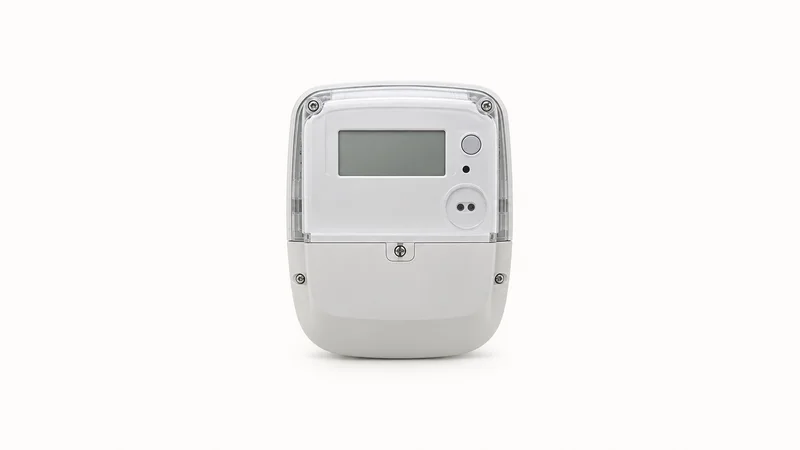 Isolated a smart electricity meter housing with a blank display glass centred on a seamless pale off-white studio background, generous empty margin on every side for overlaid branding