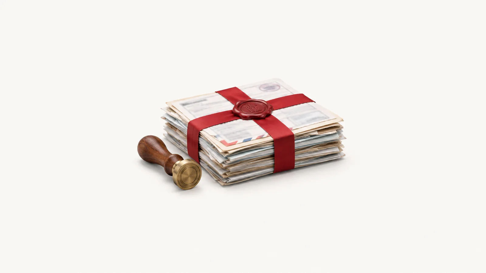 Isolated a customs-style wax stamp and a red-tape bound document bundle centred on a seamless pale off-white studio background, generous empty margin on every side for overlaid branding