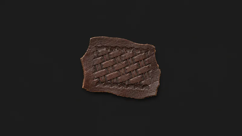 Isolated a scrap of hand-tooled leather showing a basketweave stamp impression centred on a seamless deep charcoal near-black studio background, generous empty margin on every side for overlaid branding