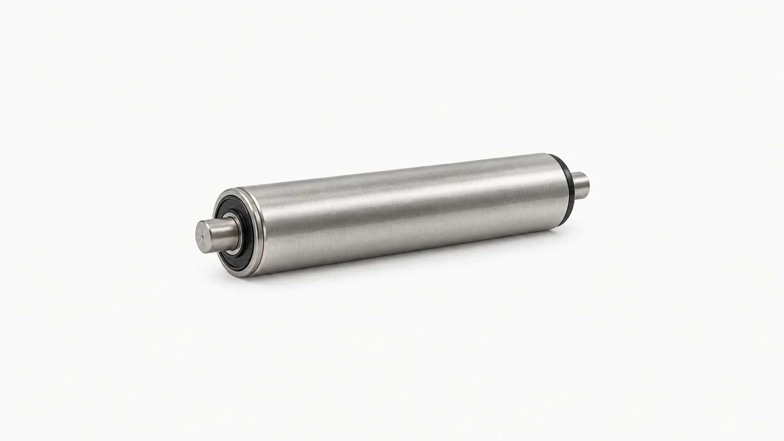Isolated a stainless-steel conveyor roller with sealed bearings centred on a seamless pale off-white studio background, generous empty margin on every side for overlaid branding
