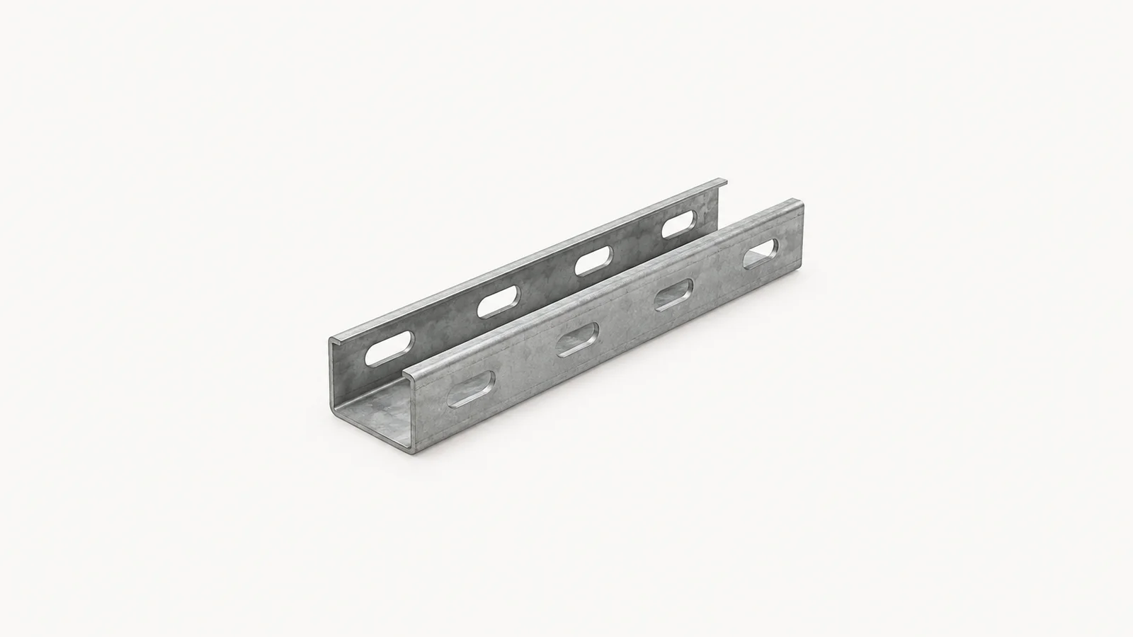Isolated a fabricated steel channel with punched slot holes centred on a seamless pale off-white studio background, generous empty margin on every side for overlaid branding