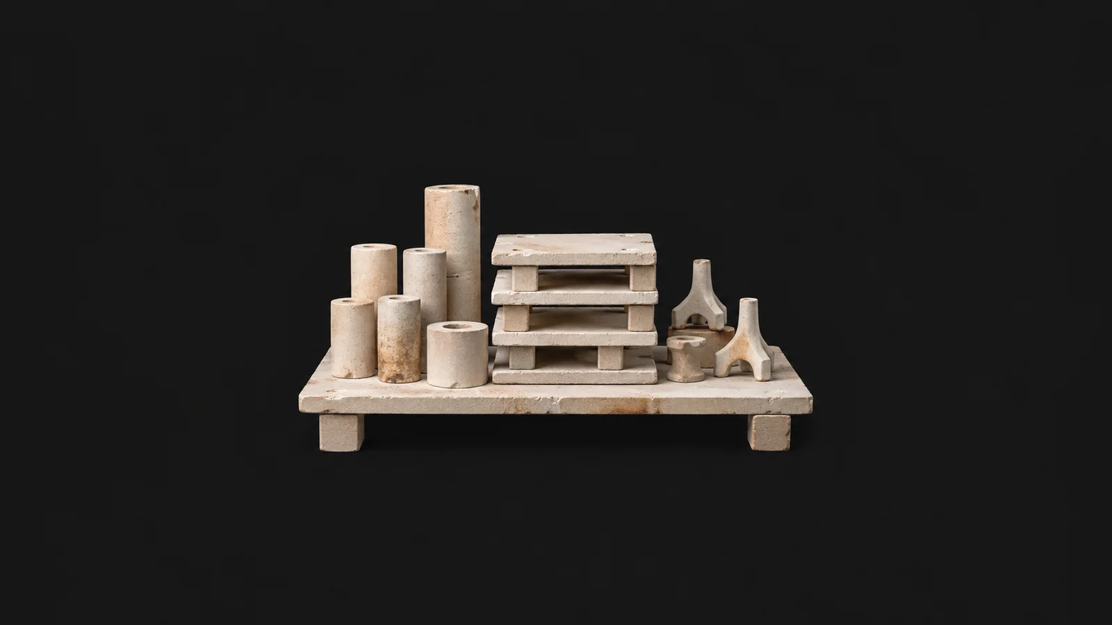 Isolated a kiln shelf stacked with ceramic stilts and props centred on a seamless deep charcoal near-black studio background, generous empty margin on every side for overlaid branding