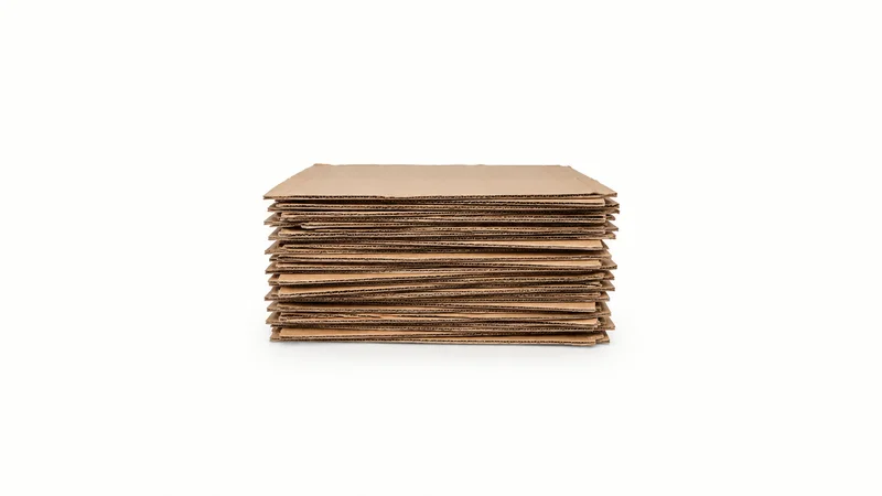 Isolated a stack of flattened recovered corrugated sheets centred on a seamless pale off-white studio background, generous empty margin on every side for overlaid branding