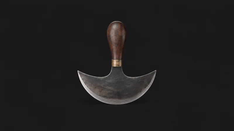 Isolated a saddler's half-moon head knife centred on a seamless deep charcoal near-black studio background, generous empty margin on every side for overlaid branding