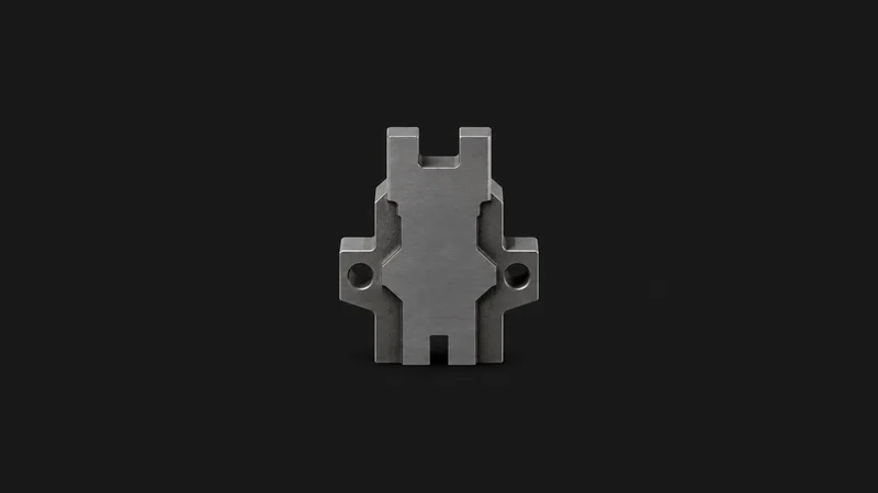 Isolated a wire-EDM cut steel profile with a burn-free edge centred on a seamless deep charcoal near-black studio background, generous empty margin on every side for overlaid branding
