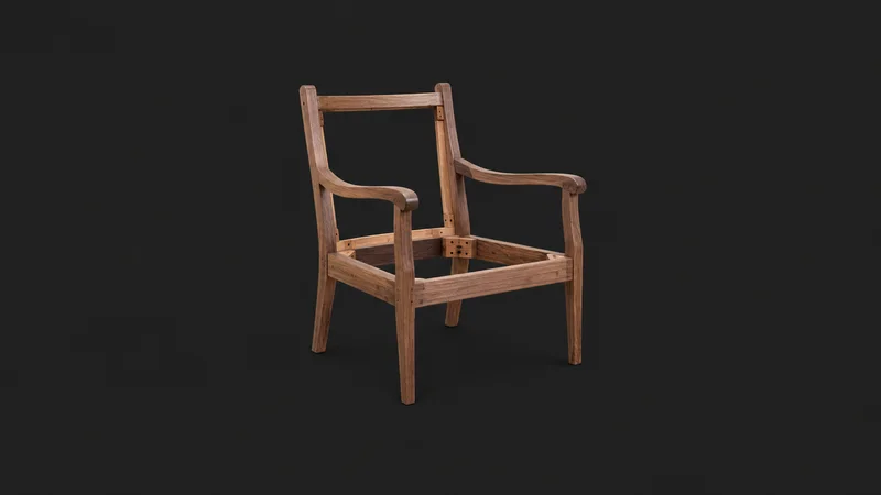 Isolated a stripped hardwood armchair frame centred on a seamless deep charcoal near-black studio background, generous empty margin on every side for overlaid branding