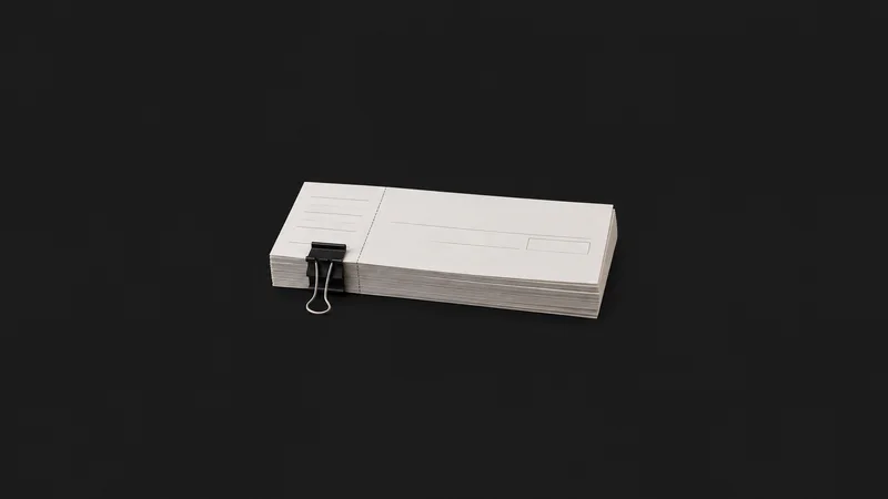 Isolated a bundle of blank cheque stubs bound with a clip centred on a seamless deep charcoal near-black studio background, generous empty margin on every side for overlaid branding