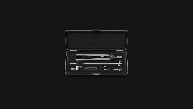 Isolated a set of drafting compasses in a lined case centred on a seamless deep charcoal near-black studio background, generous empty margin on every side for overlaid branding