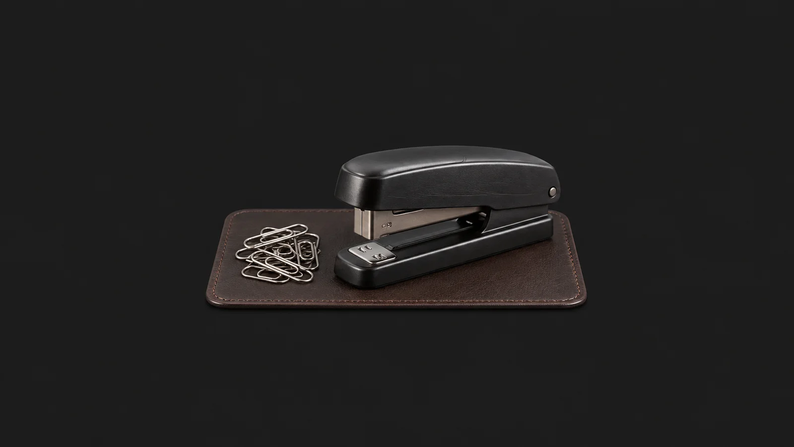 Isolated a bundle of paper clips and a stapler on a leather mat centred on a seamless deep charcoal near-black studio background, generous empty margin on every side for overlaid branding
