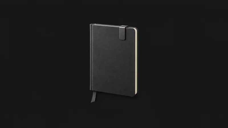 Isolated a clip-top conference notebook with a ribbon marker centred on a seamless deep charcoal near-black studio background, generous empty margin on every side for overlaid branding