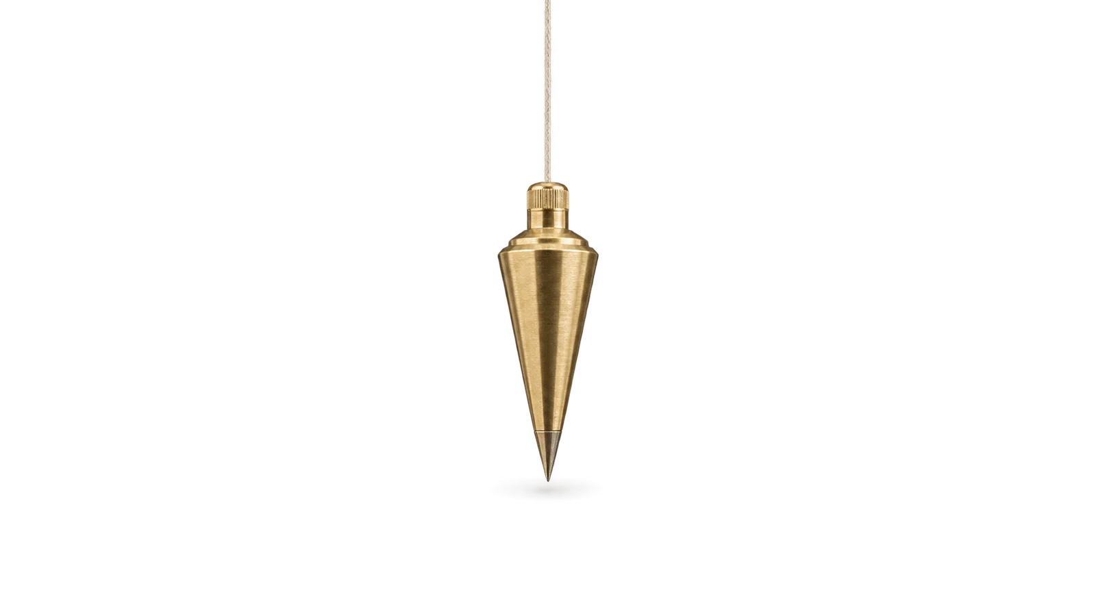 Isolated a surveyor's plumb bob of brass on a cord centred on a seamless deep charcoal near-black studio background, generous empty margin on every side for overlaid branding