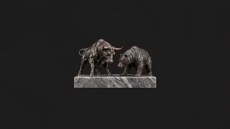 Isolated a cast-metal bull and bear pair on a marble base centred on a seamless deep charcoal near-black studio background, generous empty margin on every side for overlaid branding