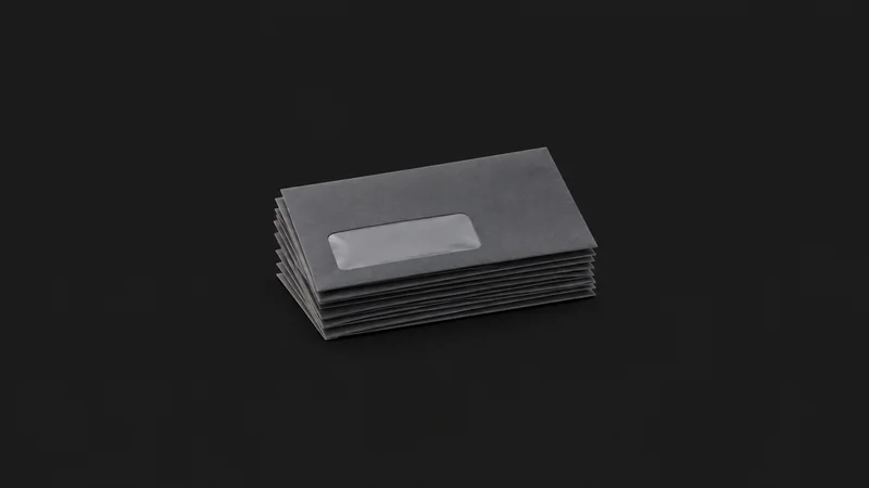 Isolated a stack of blank claim envelopes with window panels centred on a seamless deep charcoal near-black studio background, generous empty margin on every side for overlaid branding