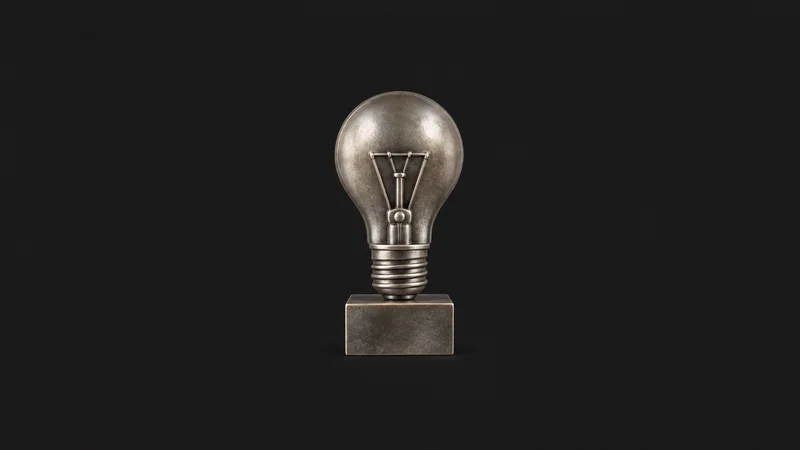 Isolated a cast-metal figure of a lightbulb on a plinth centred on a seamless deep charcoal near-black studio background, generous empty margin on every side for overlaid branding