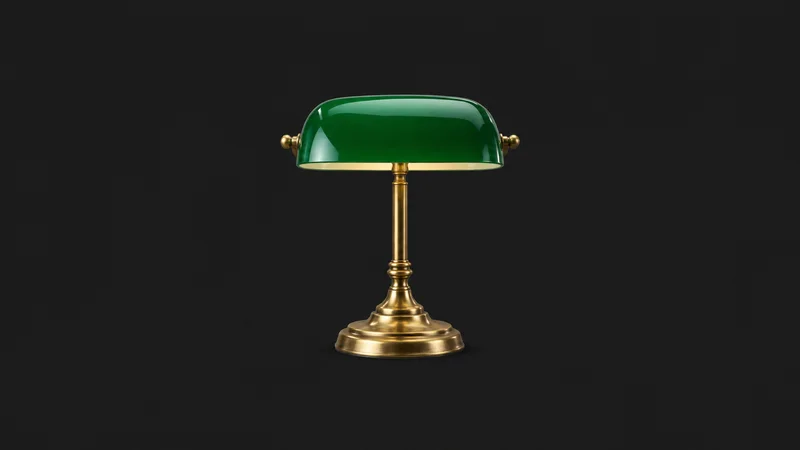 Isolated a green banker's lamp with a brass stem centred on a seamless deep charcoal near-black studio background, generous empty margin on every side for overlaid branding