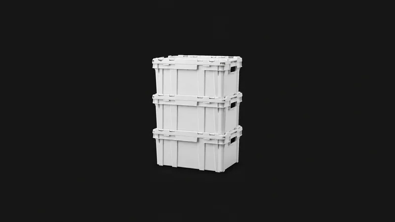 Isolated a stack of white plastic moving crates with hinged lids centred on a seamless deep charcoal near-black studio background, generous empty margin on every side for overlaid branding