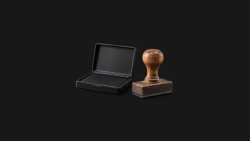 Isolated a black ink pad open beside a wooden-handled rubber stamp centred on a seamless deep charcoal near-black studio background, generous empty margin on every side for overlaid branding